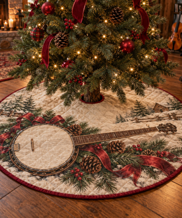 Musical Quilted Christmas Tree Skirt With Holiday Banjo Art — 48" Durable Fabric, Velvet Trim, Machine-Washable, Festive Performance-Inspired Look