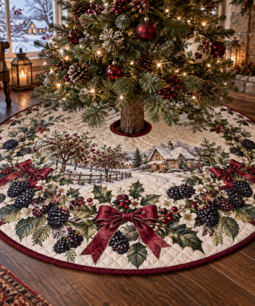 Plush Quilted Tree Skirt With Blackberry Motif - Vibrant Christmas Tree Base Cover, Cozy Holiday Decor & Easy Care Finish