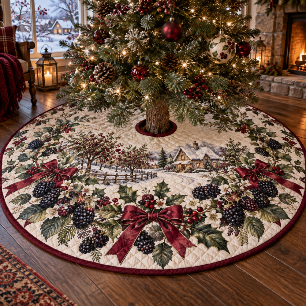 Plush Quilted Tree Skirt With Blackberry Motif - Vibrant Christmas Tree Base Cover, Cozy Holiday Decor & Easy Care Finish