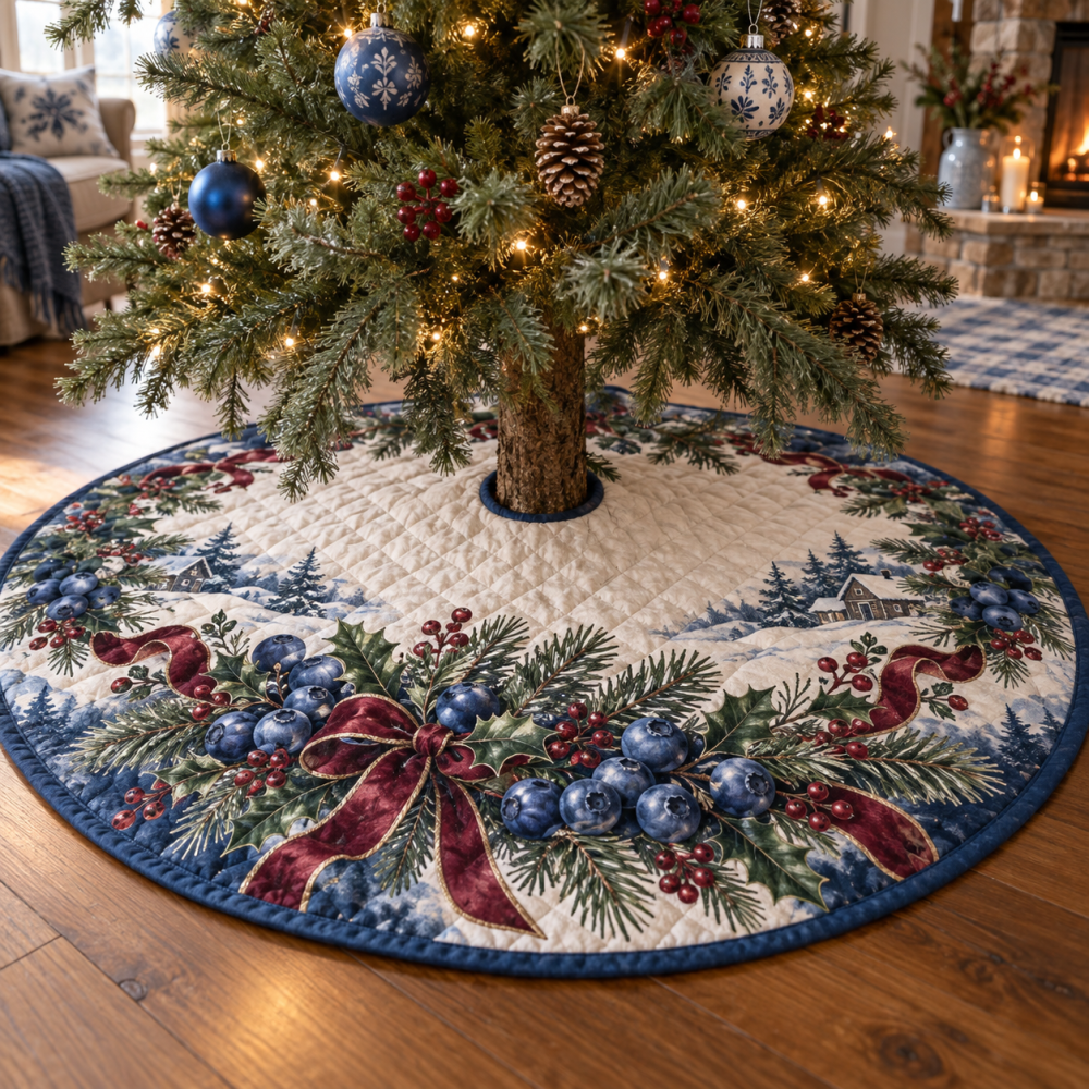 Classic Quilted Christmas Tree Skirt With Holiday Blueberry Print — 48" Machine-Washable, Colorfast Fabric, Timeless Festive Accent