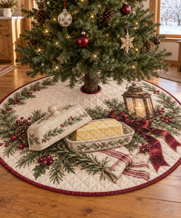 Charming Quilted Holiday Tree Skirt — Holiday Butter Dish Motif, Plush Patchwork Christmas Base Cover For Stylish Seasonal Display