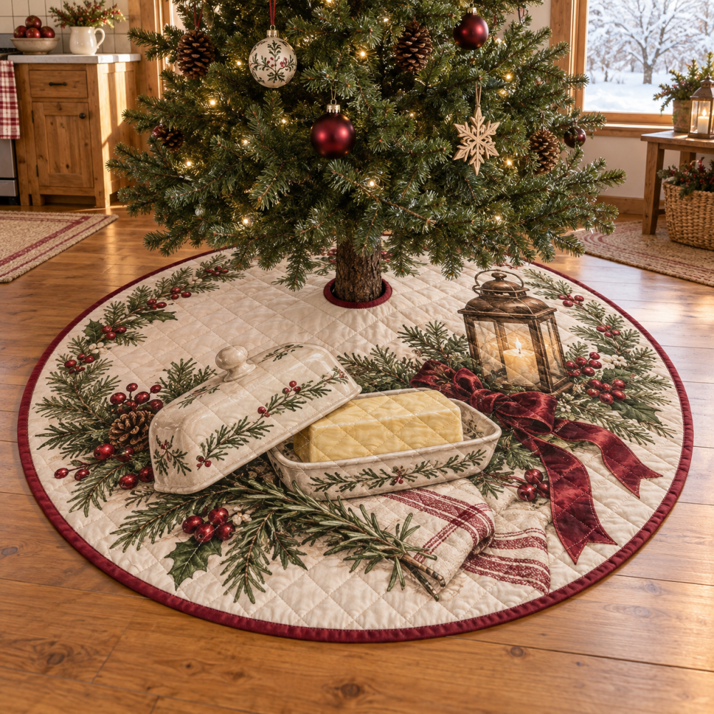 Charming Quilted Holiday Tree Skirt — Holiday Butter Dish Motif, Plush Patchwork Christmas Base Cover For Stylish Seasonal Display