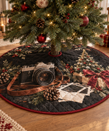 Vintage Camera Quilted Christmas Tree Skirt — Retro Photographer Holiday Décor, Plush Quilting, Easy Care, Ideal Gift For Photo Lovers