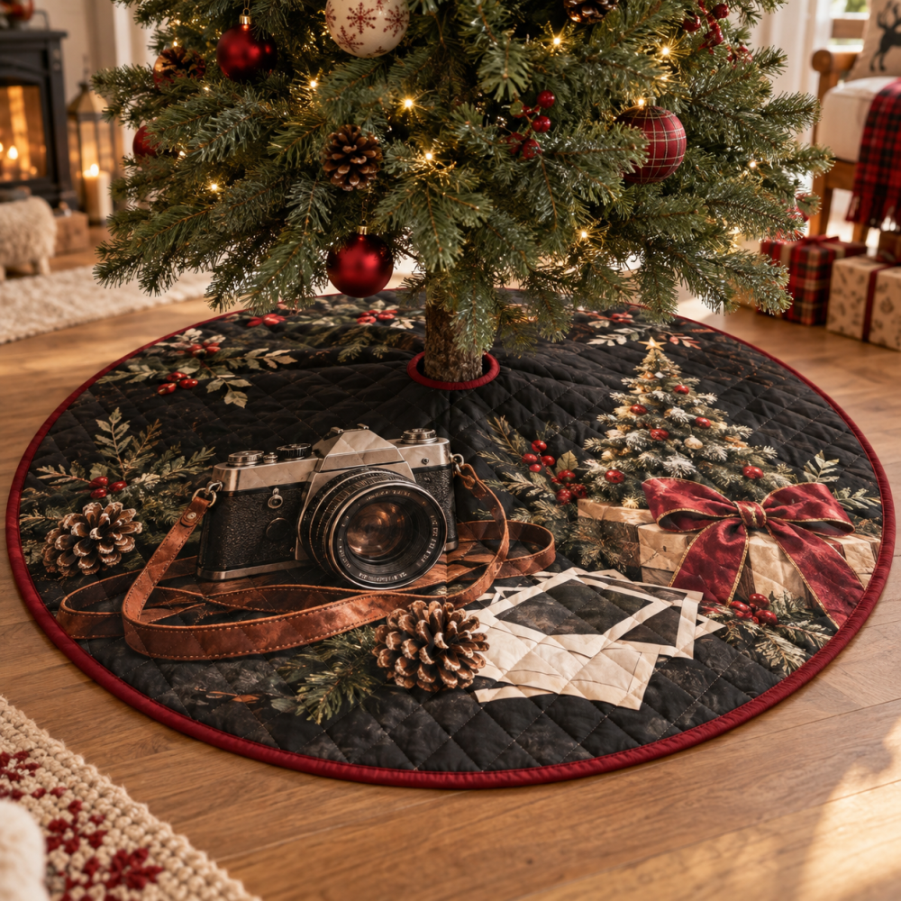 Vintage Camera Quilted Christmas Tree Skirt — Retro Photographer Holiday Décor, Plush Quilting, Easy Care, Ideal Gift For Photo Lovers