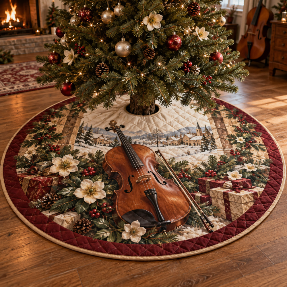 Sophisticated Quilted Cello Christmas Tree Skirt — Orchestra-Themed Holiday Tree Skirt, Elegant Musical Décor In Soft Quilting