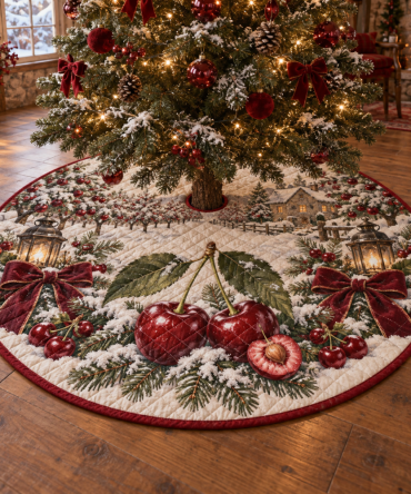 Holiday Cherry Quilted Christmas Tree Skirt — Vibrant Festive Base Cover, Soft Quilting & Durable Construction For Eye-Catching Seasonal Décor