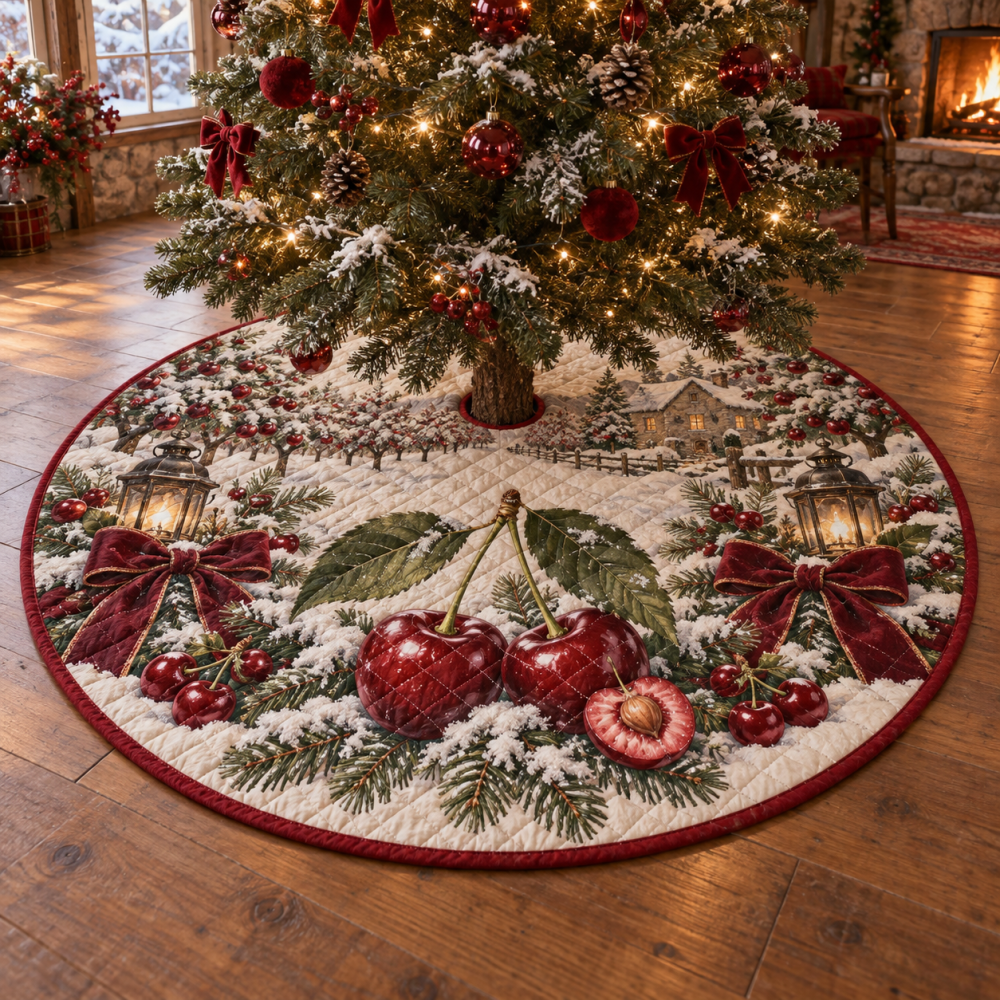 Holiday Cherry Quilted Christmas Tree Skirt — Vibrant Festive Base Cover, Soft Quilting & Durable Construction For Eye-Catching Seasonal Décor