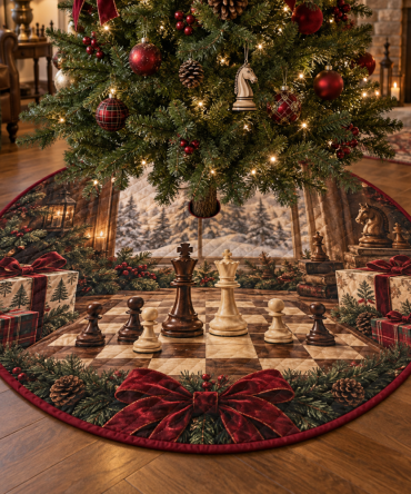 Holiday Chess Quilted Christmas Tree Skirt — Elegant Chessboard Appliqué, Luxury Quilted Finish, Holiday Gift For Game Lovers, Soft Cotton-Blend