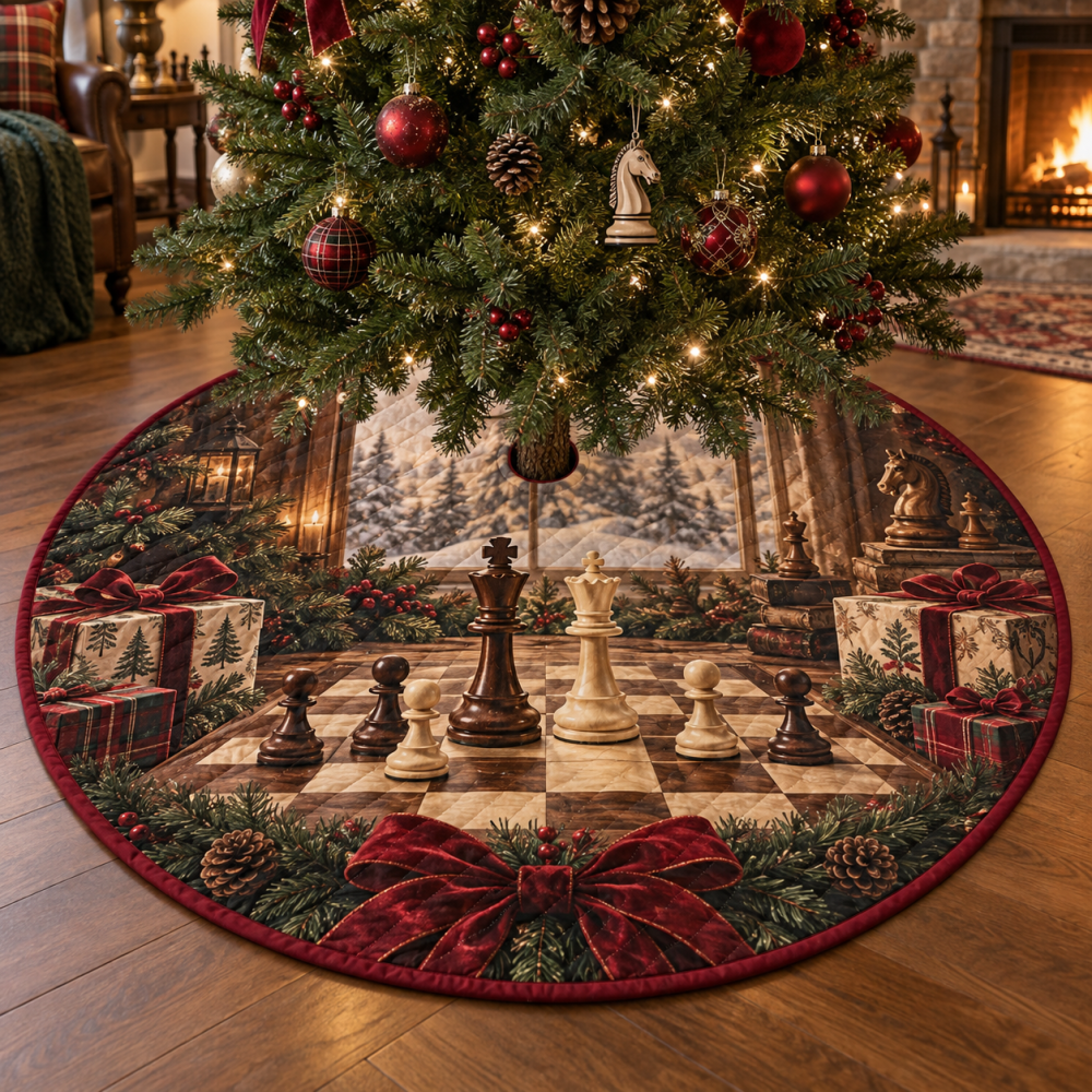 Holiday Chess Quilted Christmas Tree Skirt — Elegant Chessboard Appliqué, Luxury Quilted Finish, Holiday Gift For Game Lovers, Soft Cotton-Blend