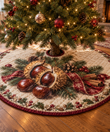Rustic Holiday Chestnut Quilted Christmas Tree Skirt - Warm Nut-Inspired Seasonal Base, Durable Quilting, Reversible & Easy Care