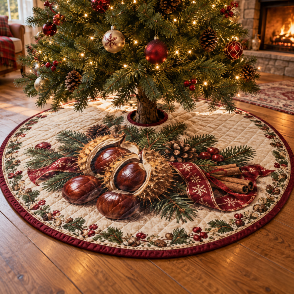 Rustic Holiday Chestnut Quilted Christmas Tree Skirt - Warm Nut-Inspired Seasonal Base, Durable Quilting, Reversible & Easy Care