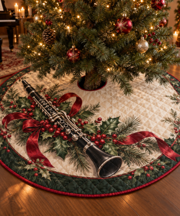 Refined Holiday Clarinet Quilted Christmas Tree Skirt - Sleek Wind-Instrument Base, Music Lover Decor, Plush Quilting & Machine-Washable