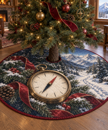 48-Inch Quilted Christmas Tree Skirt With Compass Star Design — Nautical Holiday Tree Skirt, Plush, Reversible & Machine-Washable
