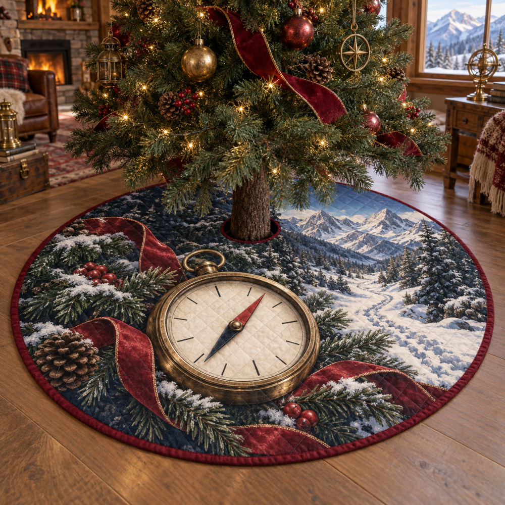 48-Inch Quilted Christmas Tree Skirt With Compass Star Design — Nautical Holiday Tree Skirt, Plush, Reversible & Machine-Washable