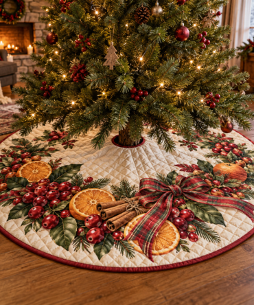 Festive Holiday Cranberry Quilted Tree Skirt — Classic Cranberry Christmas Tree Skirt, Rich Color, Soft Quilted Fabric, Seasonal Accent