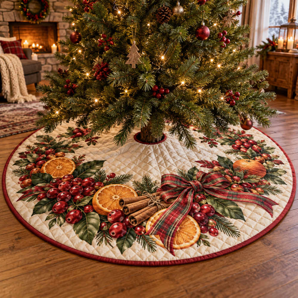 Festive Holiday Cranberry Quilted Tree Skirt — Classic Cranberry Christmas Tree Skirt, Rich Color, Soft Quilted Fabric, Seasonal Accent