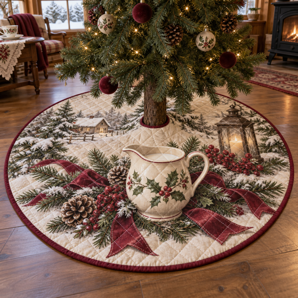 Luxurious Quilted Christmas Tree Skirt - Creamer Holiday Floral Print Collar, 48 Inch Round, Soft Elegant Tree Base Cover
