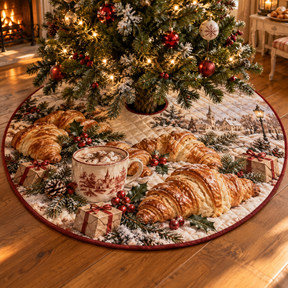 European Holiday Croissant Quilted Tree Skirt — Charming Bakery-Inspired Christmas Tree Skirt, Soft Quilted Cotton, Festive Accent