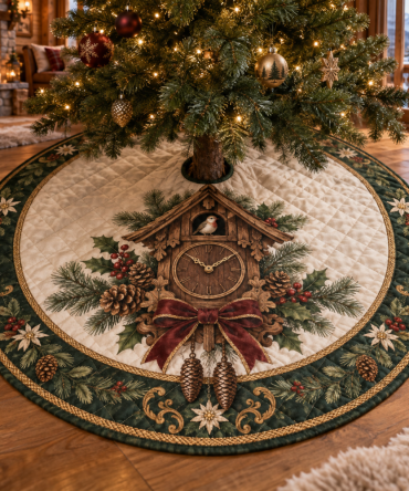 Timeless Cuckoo Clock Quilted Christmas Tree Skirt - Charming Vintage Timepiece Holiday Base, Heirloom Quilting, Reversible & Washable