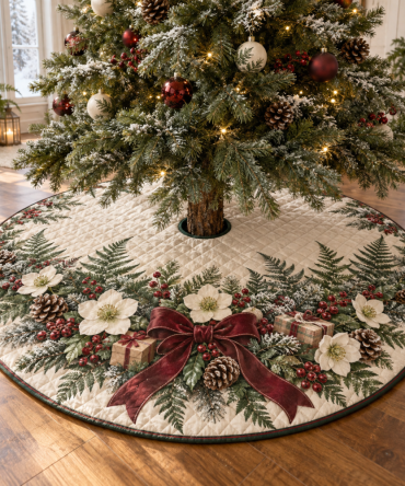 Botanical Quilted Fern Christmas Tree Skirt — Holiday Fern Motif Tree Skirt, Natural Greenery-Themed Festive Accent