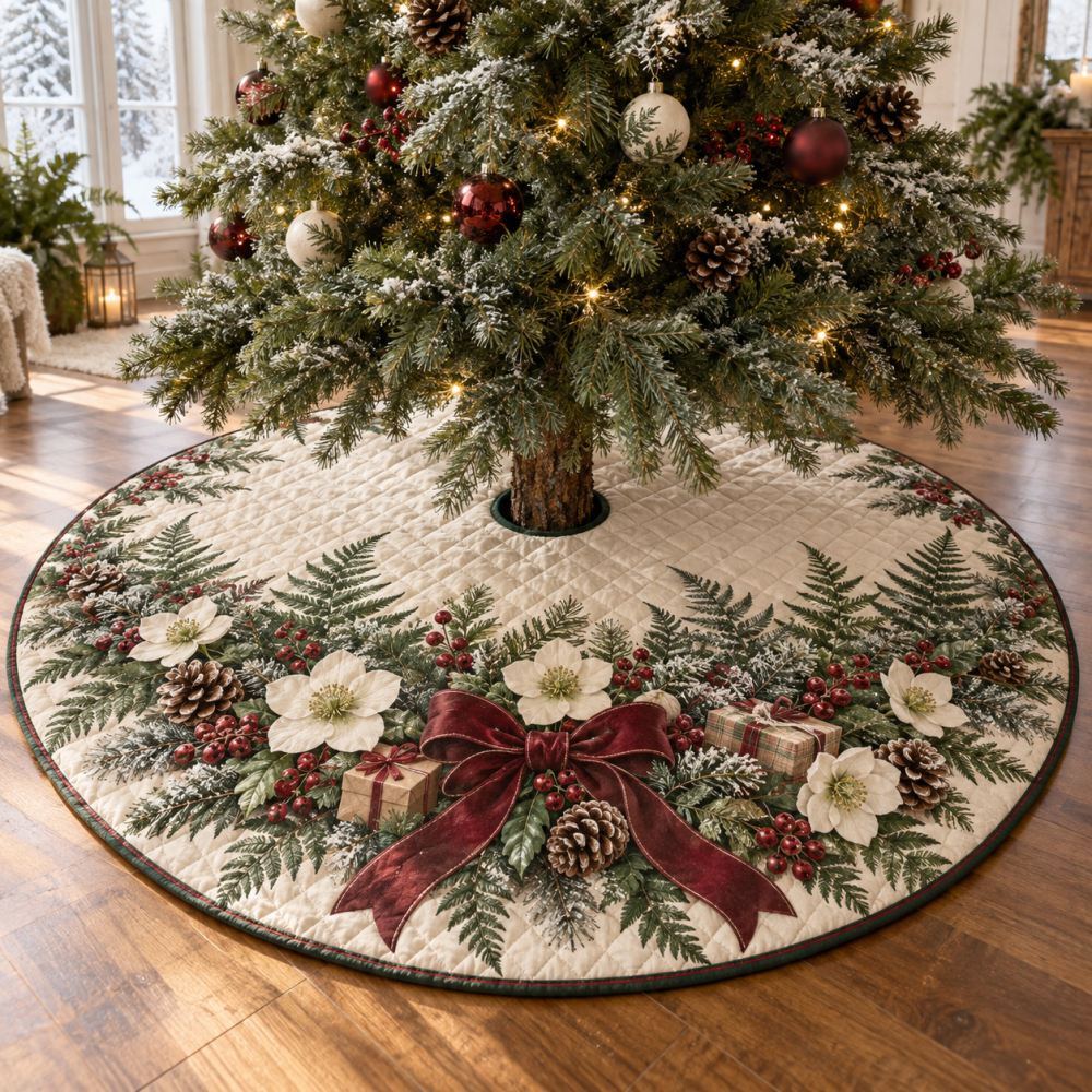 Botanical Quilted Fern Christmas Tree Skirt — Holiday Fern Motif Tree Skirt, Natural Greenery-Themed Festive Accent