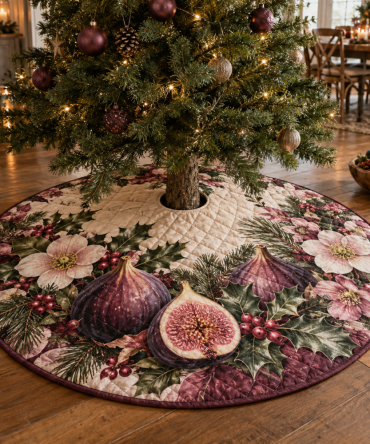 Luxe Quilted Fig Christmas Tree Skirt — Holiday Fig Motif Tree Skirt, Elegant Fruit-Themed Festive Home Accent