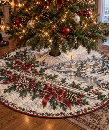 Luxury Quilted Christmas Tree Skirt With Holiday Flute Motif — 48" Velvet Accents, Durable Stitching, Easy Attachment For Seasonal Display