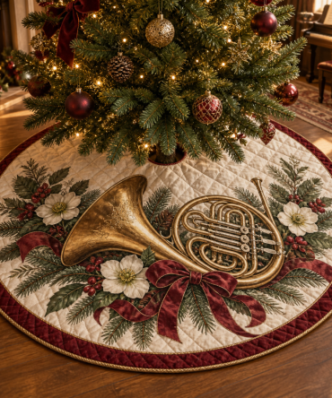 Premium Quilted French Horn Christmas Tree Skirt — Festive Music-Themed Holiday Tree Skirt, Soft Cotton-Blend Finish