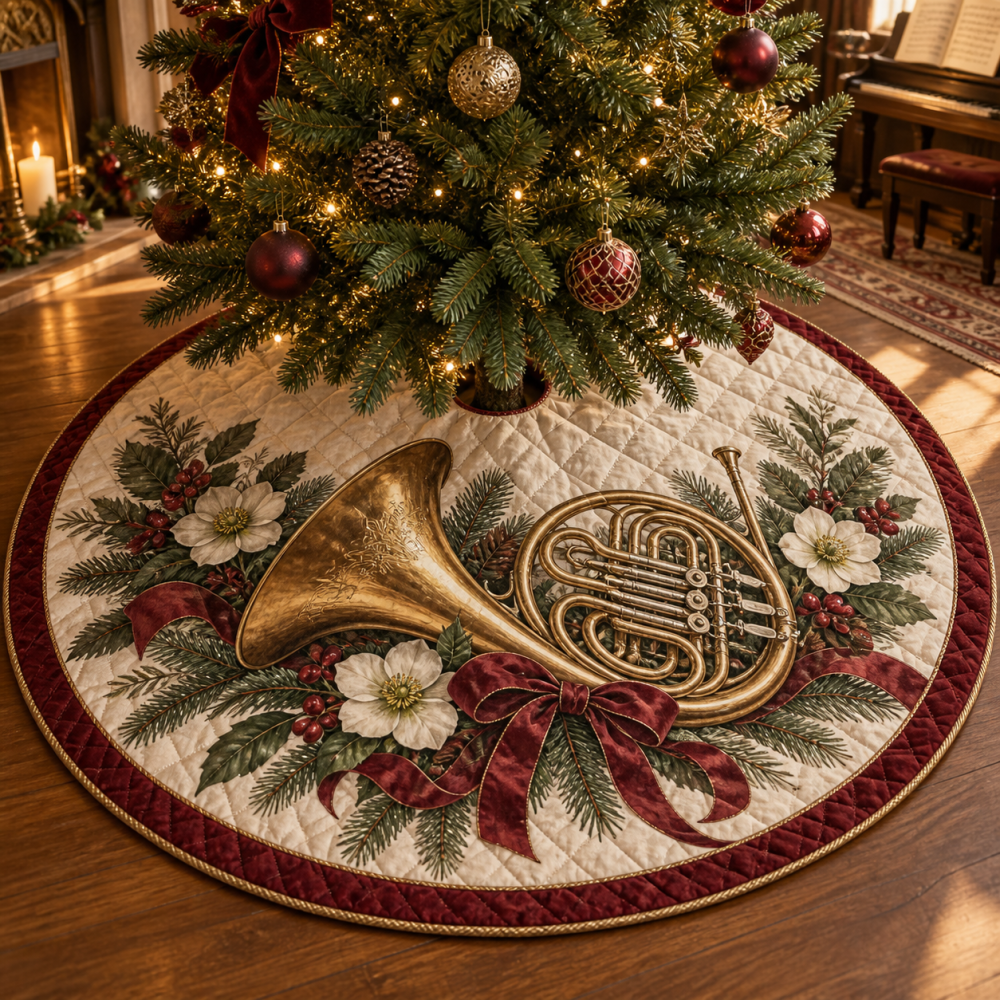 Premium Quilted French Horn Christmas Tree Skirt — Festive Music-Themed Holiday Tree Skirt, Soft Cotton-Blend Finish