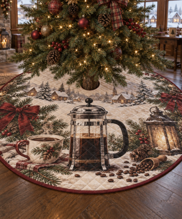 Holiday French Press Quilted Tree Skirt — Chic Coffee-Themed Christmas Base Cover, Plush Quilting & Cozy Café Vibe For Festive Home Styling