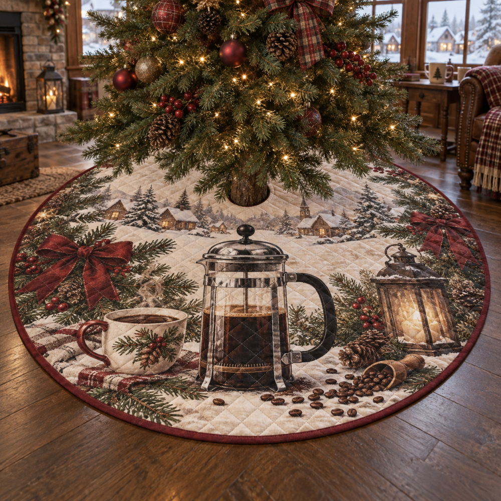 Holiday French Press Quilted Tree Skirt — Chic Coffee-Themed Christmas Base Cover, Plush Quilting & Cozy Café Vibe For Festive Home Styling