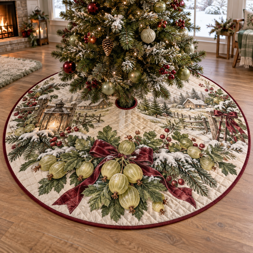 Festive Quilted Tree Skirt — Holiday Gooseberry Motif, Plush Patchwork Christmas Base Cover To Complete Your Seasonal Look