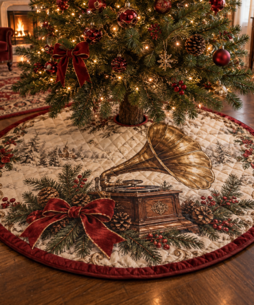 Vintage-Inspired Quilted Christmas Tree Skirt With Gramophone Design — 48" Retro Holiday Base, Stain-Resistant, Elegant Living Room Accent