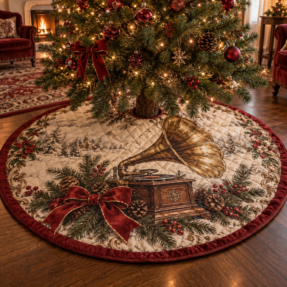 Vintage-Inspired Quilted Christmas Tree Skirt With Gramophone Design — 48" Retro Holiday Base, Stain-Resistant, Elegant Living Room Accent
