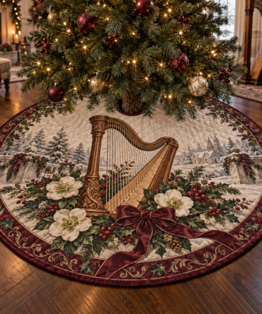 Elegant Quilted Harp Holiday Tree Skirt — 48" Harp Motif Christmas Tree Cover For Refined Seasonal Home Styling
