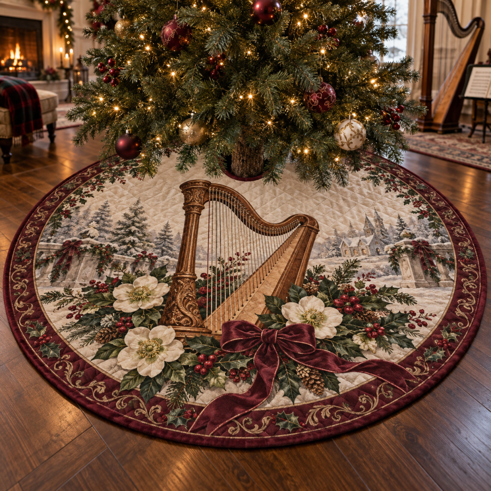 Elegant Quilted Harp Holiday Tree Skirt — 48" Harp Motif Christmas Tree Cover For Refined Seasonal Home Styling