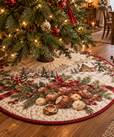 Plush Quilted Tree Skirt With Hazelnut Pattern - Warm Christmas Tree Base Cover, Cozy Holiday Decor & Easy-Care Finish