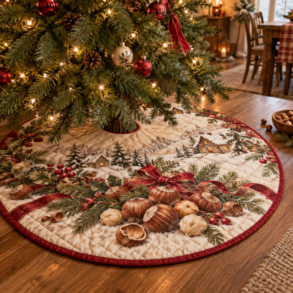 Plush Quilted Tree Skirt With Hazelnut Pattern - Warm Christmas Tree Base Cover, Cozy Holiday Decor & Easy-Care Finish