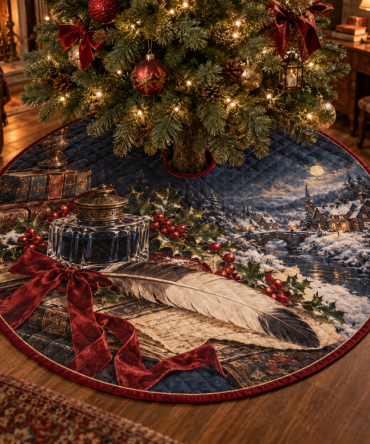 Plush Quilted Tree Skirt With Inkwell Design - Classic Christmas Tree Base Cover, Refined Holiday Decor & Easy Care