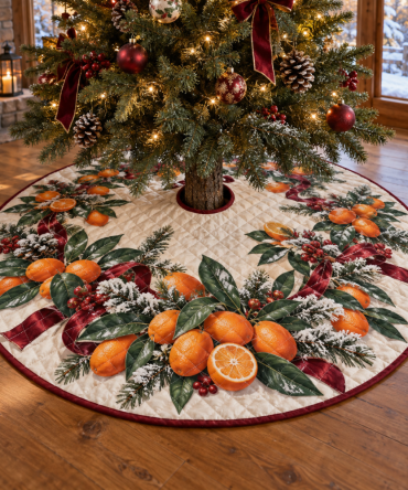 Luxurious Quilted Christmas Tree Skirt - Kumquat Holiday Print Tree Collar, 48 Inch Round, Bright Cozy Base Cover