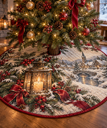 Plush Quilted Tree Skirt With Lantern Design - Elegant Christmas Tree Base Cover, Decorative Holiday Accent, Easy-Clean