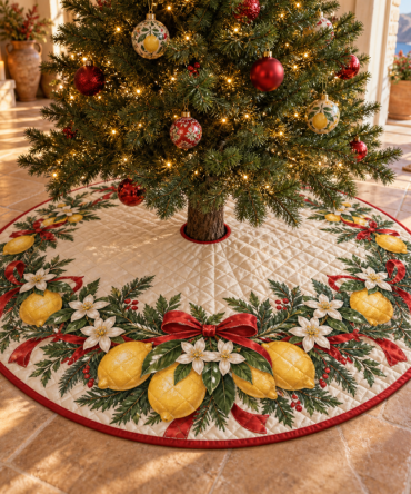 Bright Holiday Lemon Quilted Christmas Tree Skirt - Citrus-Inspired Festive Accent, Lightweight, Reversible & Machine-Friendly