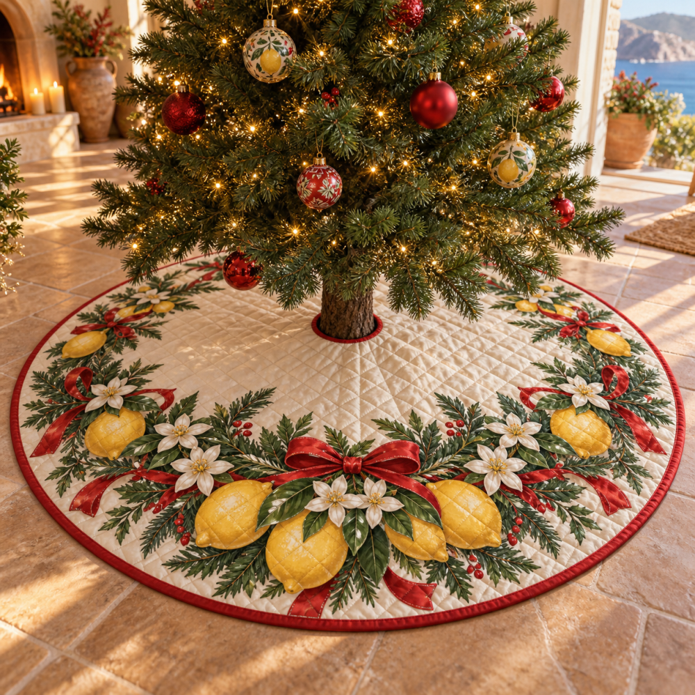 Bright Holiday Lemon Quilted Christmas Tree Skirt - Citrus-Inspired Festive Accent, Lightweight, Reversible & Machine-Friendly
