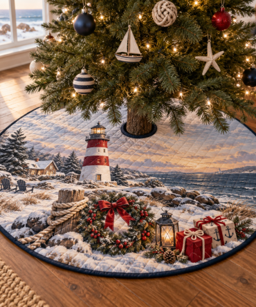 Coastal Quilted Lighthouse Tree Skirt — 48" Nautical Lighthouse Motif Christmas Cover For Beachy, Charming Holiday Decor
