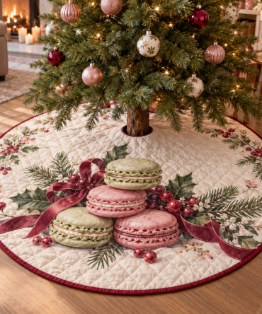 Sweet Holiday Macaron Quilted Christmas Tree Skirt - Colorful Confection-Inspired Base, Lightweight Quilting, Reversible & Washable