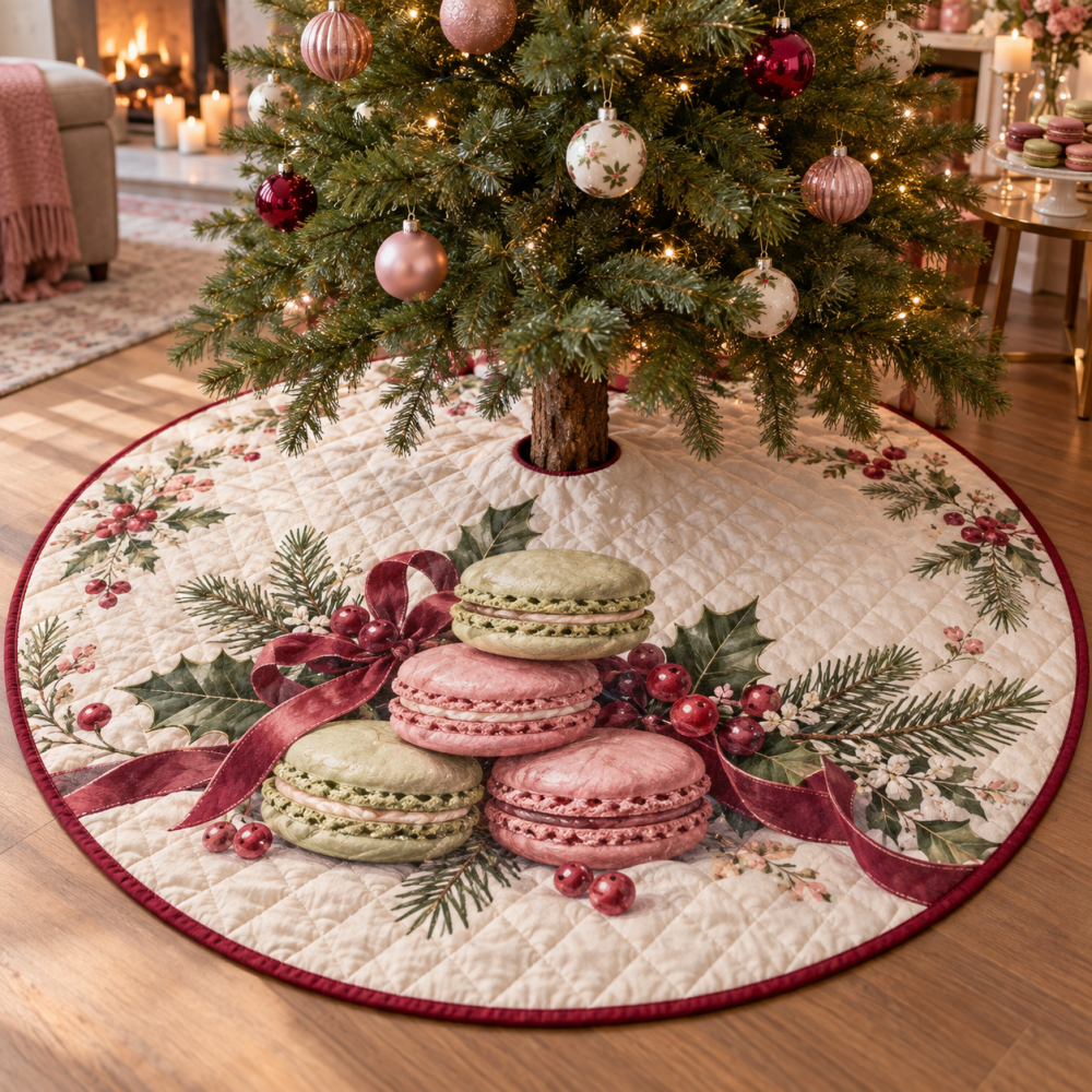 Sweet Holiday Macaron Quilted Christmas Tree Skirt - Colorful Confection-Inspired Base, Lightweight Quilting, Reversible & Washable