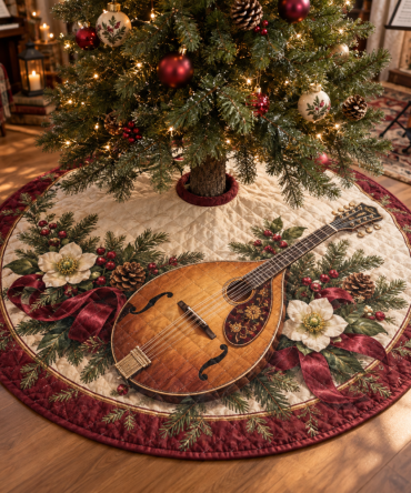 Musical Holiday Mandolin Quilted Tree Skirt — Festive Christmas Tree Skirt With Instrument Motif, Soft Quilted Cotton Blend