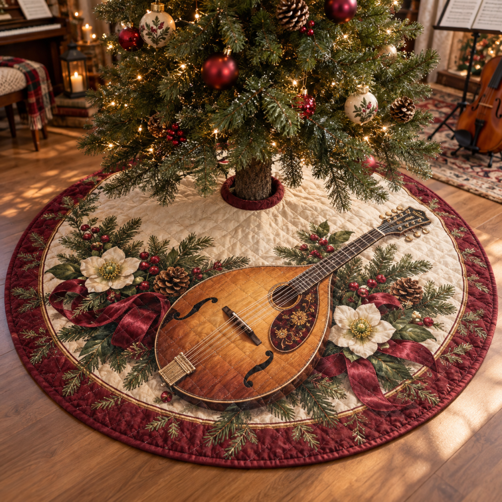 Musical Holiday Mandolin Quilted Tree Skirt — Festive Christmas Tree Skirt With Instrument Motif, Soft Quilted Cotton Blend