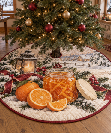 Luxurious Quilted Christmas Tree Skirt - Marmalade Holiday Print Tree Collar, 48 Inch Round, Warm Cozy Decorative Base