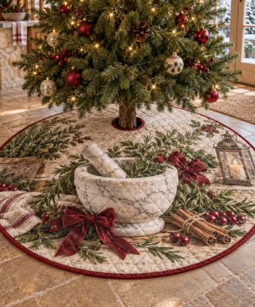 Holiday Mortar & Pestle Quilted Tree Skirt — Charming Culinary-Themed Christmas Base Cover, Plush Quilting & Unique Seasonal Accent For Foodie Homes
